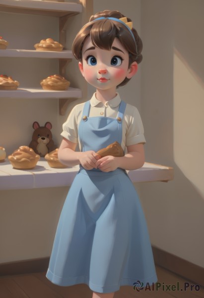 1girl,solo,looking at viewer,blush,smile,short hair,bangs,blue eyes,skirt,brown hair,shirt,dress,bow,holding,closed mouth,standing,white shirt,ponytail,short sleeves,hair bow,hairband,food,collared shirt,indoors,feet out of frame,blue dress,eating,stuffed toy,stuffed animal,holding food,child,yellow bow,freckles,teddy bear,female child,pinafore dress,bread,blue apron,hair bun,apron,lips,blue skirt,red lips,cookie,mouse,cheese