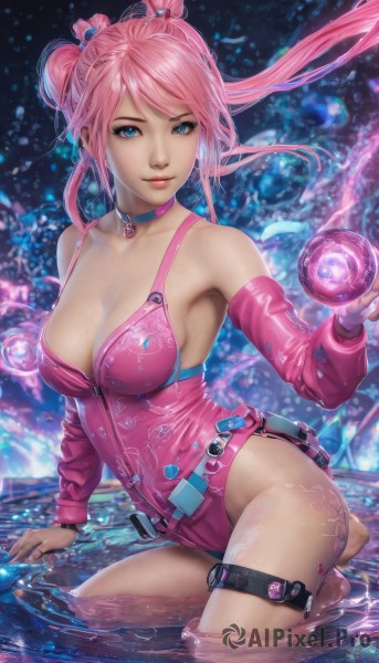 1girl,solo,long hair,breasts,looking at viewer,smile,bangs,blue eyes,large breasts,cleavage,bare shoulders,twintails,jewelry,medium breasts,collarbone,pink hair,detached sleeves,barefoot,choker,belt,artist name,water,leotard,lips,kneeling,thigh strap,watermark,zipper,partially submerged,realistic,pink leotard,pink one-piece swimsuit,gloves,sitting,closed mouth,thighs,shiny,signature,armpits,nail polish,shiny skin,tattoo,skindentation,hair rings,pink choker,leg tattoo