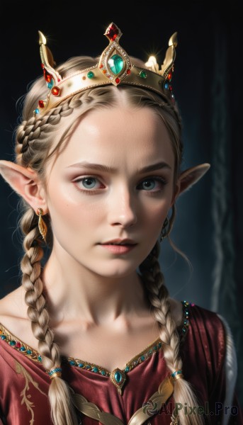 1girl,solo,long hair,looking at viewer,blue eyes,blonde hair,dress,jewelry,closed mouth,green eyes,collarbone,upper body,braid,earrings,pointy ears,necklace,blurry,twin braids,lips,eyelashes,red dress,tiara,crown,elf,gem,portrait,forehead,freckles,realistic,nose,princess,makeup,black background,dark background,gold,multiple braids