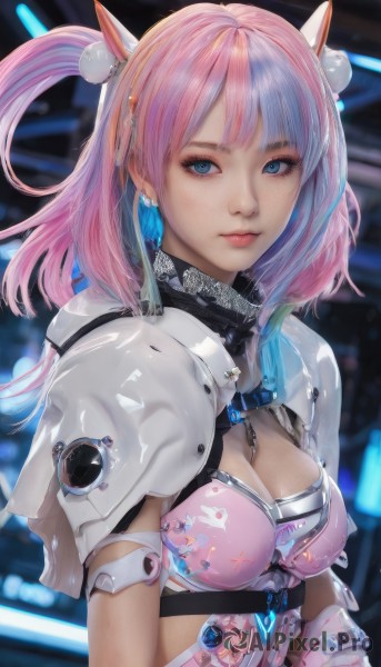 1girl,solo,long hair,breasts,looking at viewer,bangs,blue eyes,hair ornament,gloves,animal ears,cleavage,jewelry,medium breasts,closed mouth,blue hair,upper body,pink hair,multicolored hair,earrings,virtual youtuber,medium hair,blurry,two-tone hair,lips,streaked hair,gradient hair,makeup,capelet,blurry background,piercing,between breasts,realistic,nose,short hair,artist name,armor,two side up,eyelashes,depth of field,shoulder armor,freckles,science fiction