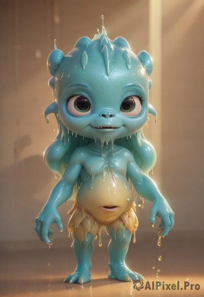 1girl,solo,long hair,looking at viewer,smile,open mouth,navel,nipples,green eyes,standing,full body,nude,teeth,pussy,pointy ears,flat chest,wet,loli,colored skin,fangs,monster girl,blue skin,green skin,dripping,slime (substance),slime girl,collarbone,parted lips,green hair,child,female child,melting,yellow skin