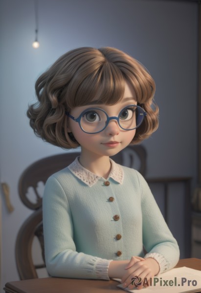 1girl,solo,looking at viewer,short hair,bangs,brown hair,shirt,long sleeves,brown eyes,sitting,closed mouth,upper body,glasses,collared shirt,indoors,blurry,lips,book,buttons,depth of field,blurry background,chair,table,own hands together,blue shirt,child,desk,curly hair,open book,realistic,lamp,pencil,blue-framed eyewear,smile,green eyes,striped,striped shirt,nose