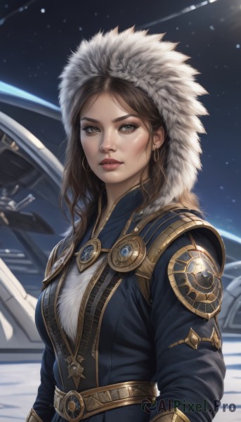 1girl,solo,long hair,breasts,looking at viewer,brown hair,long sleeves,brown eyes,jewelry,medium breasts,closed mouth,upper body,earrings,sky,belt,hood,lips,coat,fur trim,eyelashes,makeup,star (sky),snow,starry sky,science fiction,hoop earrings,realistic,nose,winter clothes,red lips,space,planet,fur hat,spacecraft,shooting star,bangs,outdoors,parted lips,signature,military,night,hood up,aircraft