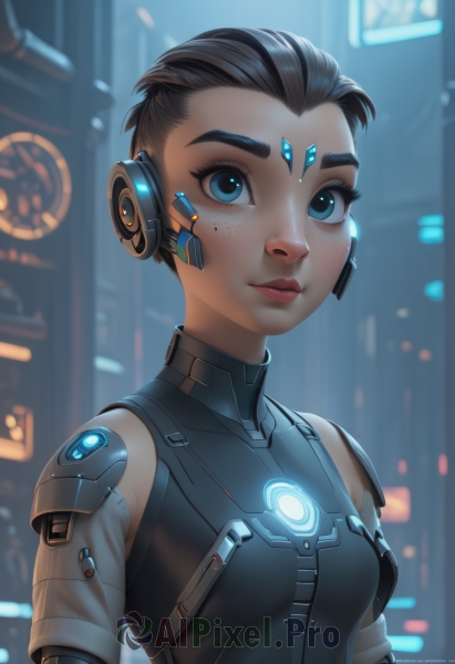 1girl,solo,breasts,looking at viewer,short hair,blue eyes,brown hair,black hair,closed mouth,upper body,small breasts,artist name,armor,mole,blurry,dark-skinned female,lips,eyelashes,mole under eye,bodysuit,makeup,blurry background,glowing,headgear,watermark,thick eyebrows,lipstick,web address,forehead,eyeshadow,freckles,science fiction,nose,android,eyeliner,very short hair,mechanical arms,forehead jewel,cyborg,single mechanical arm,robot joints,neon trim,cyberpunk,hologram,headset,backlighting,robot ears