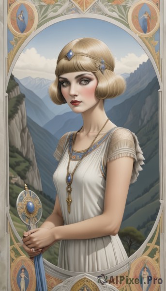 1girl,solo,breasts,looking at viewer,blush,short hair,bangs,blonde hair,dress,holding,brown eyes,jewelry,standing,collarbone,upper body,weapon,short sleeves,small breasts,outdoors,parted lips,sky,day,cloud,blunt bangs,necklace,white dress,lips,makeup,bird,bob cut,lipstick,staff,gem,circlet,mountain,holding staff,red lips,scepter,yellow eyes,tree,ring