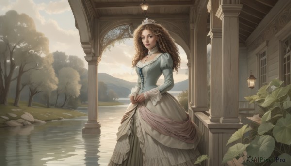 1girl,solo,long hair,breasts,looking at viewer,brown hair,long sleeves,dress,cleavage,brown eyes,jewelry,medium breasts,standing,earrings,outdoors,sky,day,puffy sleeves,cloud,water,necklace,tree,lips,makeup,sunlight,tiara,crown,plant,lipstick,juliet sleeves,nature,scenery,corset,reflection,curly hair,mountain,skirt hold,architecture,pillar,lake,lily pad,princess,arch,gown,pond,column,choker,window,leaf,cloudy sky,building