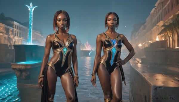 breasts,looking at viewer,short hair,multiple girls,brown hair,2girls,bare shoulders,brown eyes,jewelry,standing,swimsuit,weapon,earrings,small breasts,outdoors,sword,dark skin,water,bracelet,dark-skinned female,lips,hand on hip,one-piece swimsuit,siblings,dual persona,reflection,twins,hoop earrings,black one-piece swimsuit,red hair,watercraft