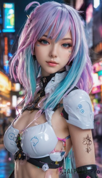 1girl,solo,long hair,breasts,looking at viewer,smile,bangs,blue eyes,gloves,cleavage,medium breasts,closed mouth,blue hair,upper body,pink hair,multicolored hair,black gloves,elbow gloves,armor,blurry,two-tone hair,aqua eyes,lips,aqua hair,tattoo,gradient hair,makeup,depth of field,blurry background,piercing,science fiction,realistic,nose,bikini armor,cyberpunk,hair ornament,navel,jewelry,swimsuit,purple hair,bikini,earrings,outdoors,detached sleeves,midriff,artist name,signature,streaked hair,eyelashes,night,facial mark,harness