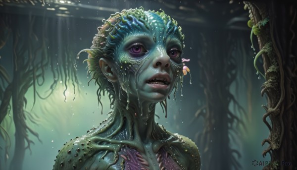 1girl,solo,short hair,purple eyes,upper body,parted lips,green hair,teeth,water,tree,lips,wet,colored skin,plant,sharp teeth,monster girl,portrait,nature,tentacles,forest,monster,underwater,realistic,nose,blue skin,green skin,slime (substance),alien,seaweed,looking at viewer,no humans,sunlight,air bubble