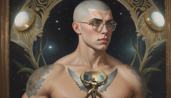 solo,looking at viewer,short hair,blue eyes,1boy,nipples,upper body,grey hair,male focus,nude,wings,glasses,artist name,lips,tattoo,muscular,pectorals,muscular male,bara,large pectorals,topless male,realistic,round eyewear,bald,very short hair,chest tattoo,buzz cut,closed mouth,portrait,freckles