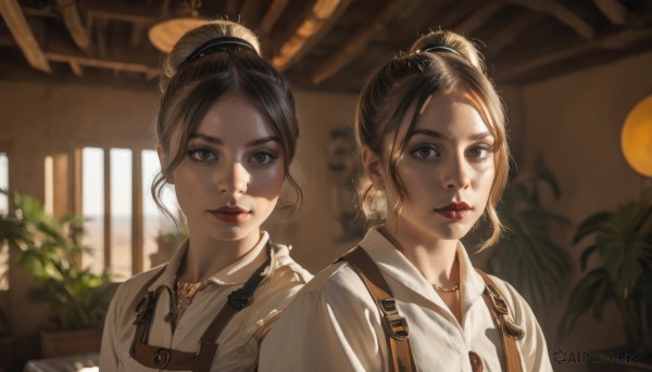 looking at viewer,short hair,bangs,multiple girls,brown hair,shirt,black hair,2girls,brown eyes,jewelry,closed mouth,white shirt,upper body,earrings,parted lips,collared shirt,indoors,necklace,hair bun,blurry,lips,parted bangs,makeup,depth of field,blurry background,siblings,sunlight,single hair bun,suspenders,plant,lipstick,sisters,realistic,red lips,potted plant,smile,day,window,portrait,backlighting,freckles,overalls,dappled sunlight