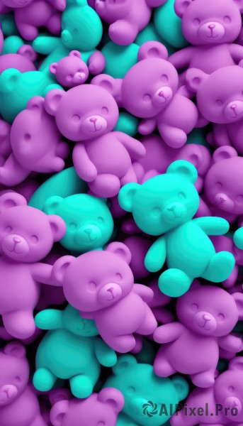 smile,closed mouth,closed eyes,lying,pokemon (creature),no humans,^ ^,from above,stuffed toy,happy,sleeping,stuffed animal,teddy bear,alternate color,pink theme,purple theme,bear,shiny pokemon,too many,evolutionary line,odd one out,open mouth,:3