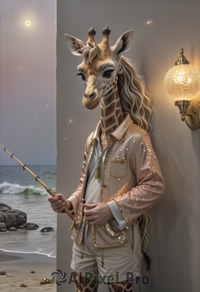 solo,long hair,brown hair,shirt,long sleeves,1boy,holding,animal ears,jewelry,very long hair,standing,jacket,white shirt,male focus,cowboy shot,outdoors,open clothes,shorts,water,bracelet,open jacket,mask,night,ocean,beach,moon,furry,pocket,lantern,rock,antlers,furry male,stick,fishing rod,holding fishing rod,looking at viewer,collared shirt,necklace,brown jacket,white shorts,lamp,light bulb