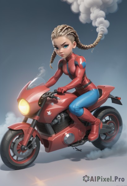 1girl,solo,long hair,breasts,looking at viewer,blue eyes,blonde hair,brown hair,gloves,medium breasts,full body,braid,boots,belt,artist name,twin braids,lips,bodysuit,makeup,shadow,watermark,knee boots,ground vehicle,red footwear,skin tight,web address,motor vehicle,red gloves,smoke,riding,motorcycle,biker clothes,multicolored hair,small breasts,two-tone hair,forehead,on motorcycle