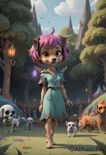 1girl,looking at viewer,smile,short hair,dress,holding,animal ears,brown eyes,jewelry,standing,collarbone,tail,full body,pink hair,flower,ahoge,short sleeves,outdoors,sky,barefoot,solo focus,day,belt,artist name,cloud,necklace,flat chest,bracelet,tree,blue sky,torn clothes,petals,toes,blue dress,bird,animal,cloudy sky,grass,child,dog ears,nature,furry,pendant,forest,walking,toenails,skull,dog,leash,fantasy,furry female,female child,field,lamppost,skeleton,bone,path,holding leash,solo,bangs,red eyes,closed mouth,purple hair,collar,shadow,watermark,fire,gem,web address,dog tail,lantern,arms at sides,dog girl,flag,road,body fur,white fur,animal nose,castle,two-tone fur,banner,people,6+others,pet