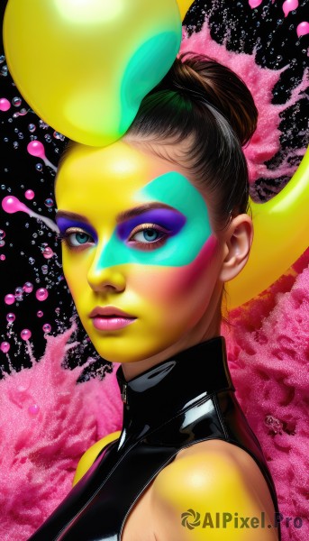 1girl,solo,breasts,looking at viewer,short hair,blue eyes,brown hair,black hair,bare shoulders,closed mouth,upper body,sleeveless,hair bun,lips,eyelashes,makeup,colored skin,turtleneck,watermark,single hair bun,lipstick,portrait,web address,eyeshadow,nose,facepaint,paint splatter,domino mask,yellow skin,from side,realistic,eyeliner,mascara