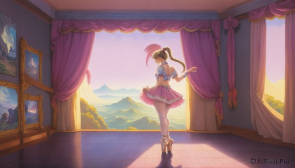 1girl,solo,long hair,skirt,brown hair,hair ornament,bare shoulders,jewelry,standing,ponytail,short sleeves,pantyhose,sky,midriff,puffy sleeves,indoors,from behind,bracelet,puffy short sleeves,shadow,back,sunlight,feathers,high ponytail,curtains,scenery,white pantyhose,mountain,skirt hold,facing away,dancing,tiptoes,ballerina,ballet slippers,ballet,tutu,high heels,pink skirt,anklet