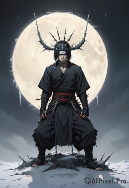 solo,long hair,looking at viewer,smile,black hair,red eyes,1boy,standing,full body,weapon,male focus,outdoors,japanese clothes,sky,pants,sword,sash,blood,night,headband,glowing,bandages,moon,glowing eyes,full moon,spikes,rain,fantasy,ninja,toeless legwear,forehead protector,holding,closed mouth,collarbone,barefoot,holding weapon,holding sword,sheath,night sky,dual wielding,reverse grip,kunai,konohagakure symbol