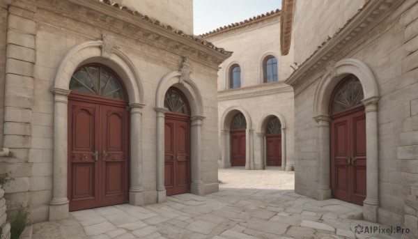 outdoors,sky,day,no humans,window,plant,building,scenery,stairs,door,road,wall,pillar,arch,blue sky,architecture,gate,column,pavement,stone floor