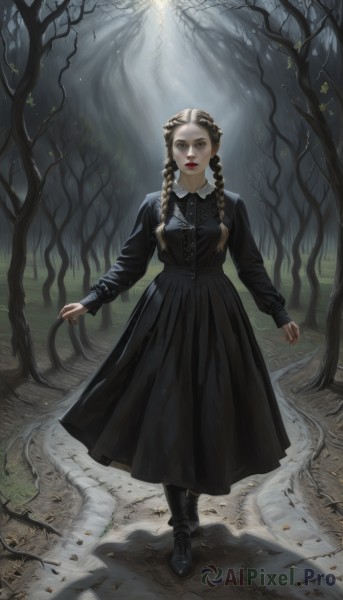 1girl,solo,long hair,breasts,looking at viewer,brown hair,black hair,long sleeves,dress,brown eyes,standing,full body,braid,pantyhose,boots,outdoors,parted lips,nail polish,black footwear,black dress,twin braids,tree,lips,makeup,lipstick,nature,red nails,forest,walking,red lips,bare tree,sunlight,realistic