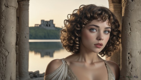 1girl,solo,breasts,looking at viewer,short hair,blue eyes,brown hair,dress,bare shoulders,collarbone,upper body,outdoors,parted lips,day,dark skin,white dress,blurry,dark-skinned female,lips,looking to the side,blurry background,portrait,freckles,curly hair,realistic,nose,ruins,pillar,blush,cleavage,medium breasts,eyelashes,sunlight