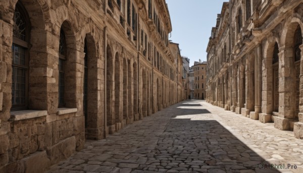 outdoors,sky,day,blue sky,no humans,window,shadow,building,scenery,stairs,city,door,road,architecture,pillar,street,arch,column,pavement,real world location,vanishing point,sunlight,church,stone floor