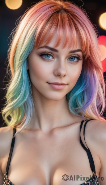 1girl,solo,long hair,breasts,looking at viewer,smile,bangs,blue eyes,blonde hair,cleavage,bare shoulders,medium breasts,closed mouth,underwear,blue hair,collarbone,upper body,multicolored hair,artist name,medium hair,bra,orange hair,mole,blurry,two-tone hair,lips,eyelashes,aqua hair,gradient hair,makeup,depth of field,blurry background,watermark,black bra,web address,eyeshadow,freckles,mole on breast,realistic,nose,bokeh,mascara,large breasts,rainbow hair