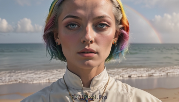 1girl,solo,looking at viewer,short hair,blue eyes,jewelry,multicolored hair,hairband,earrings,outdoors,parted lips,sky,day,cloud,water,necklace,blurry,two-tone hair,blue sky,lips,grey eyes,blurry background,ocean,beach,piercing,sunlight,cross,portrait,freckles,realistic,nose,sand,nun,cross necklace,blonde hair,pink hair,teeth,makeup,cloudy sky,rainbow