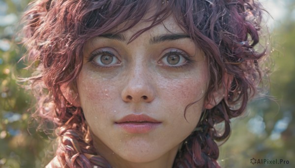 1girl,solo,long hair,looking at viewer,bangs,brown hair,brown eyes,closed mouth,braid,outdoors,day,blurry,lips,eyelashes,depth of field,blurry background,messy hair,portrait,close-up,freckles,curly hair,realistic,nose,short hair,purple hair,parted lips,floating hair,sunlight,wind,bokeh