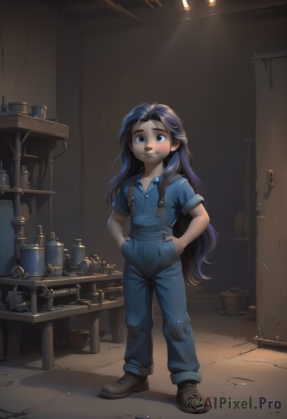 1girl,solo,long hair,looking at viewer,smile,blue eyes,shirt,black hair,very long hair,closed mouth,standing,full body,short sleeves,shoes,collared shirt,artist name,indoors,black footwear,black eyes,thick eyebrows,blue shirt,child,freckles,hands in pockets,female child,light,overalls,open mouth,parted lips,lips,shadow,table,nose