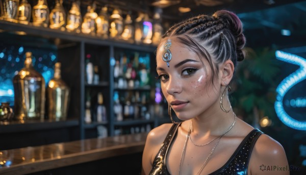 1girl,solo,looking at viewer,smile,short hair,black hair,dress,bare shoulders,brown eyes,jewelry,collarbone,upper body,braid,earrings,indoors,dark skin,necklace,hair bun,mole,blurry,black eyes,black dress,dark-skinned female,lips,makeup,depth of field,blurry background,single hair bun,tank top,bottle,freckles,hoop earrings,realistic,nose,bar (place),breasts,cleavage,facial mark,forehead mark,forehead jewel,neon lights