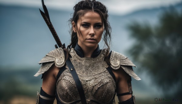 1girl,solo,long hair,looking at viewer,brown hair,black hair,jewelry,closed mouth,upper body,weapon,earrings,outdoors,parted lips,sword,dark skin,armor,blurry,black eyes,dark-skinned female,lips,tattoo,blurry background,scar,shoulder armor,messy hair,pauldrons,breastplate,realistic,weapon on back,chainmail,sword behind back,brown eyes,scar on face,bow (weapon),arrow (projectile)