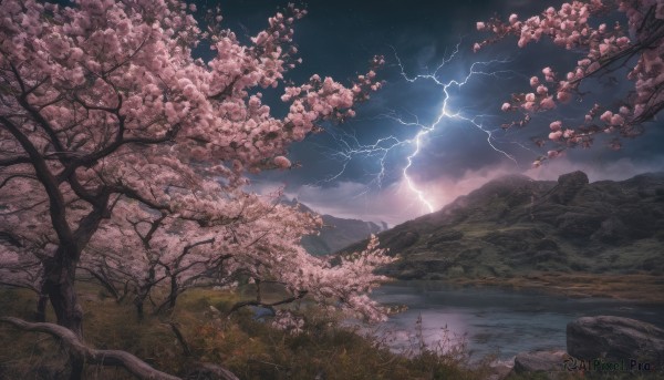 outdoors, sky, cloud, water, tree, no humans, night, cloudy sky, grass, cherry blossoms, star (sky), night sky, scenery, rock, mountain, branch, river, lightning, landscape