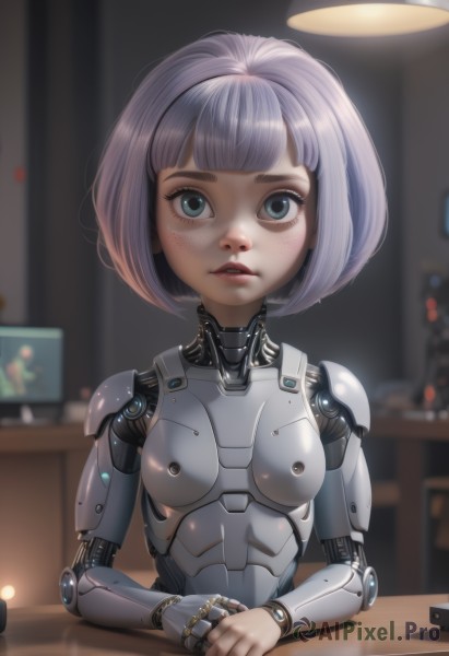 1girl,solo,breasts,looking at viewer,short hair,bangs,blue eyes,upper body,grey hair,small breasts,parted lips,teeth,artist name,indoors,signature,blunt bangs,blurry,lips,grey eyes,makeup,depth of field,blurry background,bob cut,own hands together,robot,freckles,science fiction,android,joints,mechanical arms,cyborg,doll joints,prosthesis,robot joints,cyberpunk,aqua eyes,eyelashes,table,light purple hair,realistic,nose