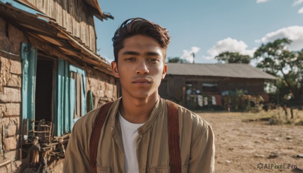 solo,looking at viewer,short hair,brown hair,shirt,black hair,1boy,brown eyes,closed mouth,jacket,white shirt,upper body,male focus,outdoors,sky,solo focus,day,cloud,bag,blurry,tree,blue sky,lips,blurry background,backpack,building,freckles,brown jacket,realistic,animification,photo background,soldier,smile,window,thick eyebrows,ground vehicle,house