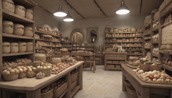 food,indoors,no humans,fruit,table,bottle,scenery,basket,tiles,bread,shelf,shop,ceiling,ceiling light,chair,fantasy