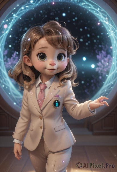 1girl,solo,long hair,looking at viewer,smile,brown hair,shirt,long sleeves,brown eyes,standing,jacket,white shirt,parted lips,necktie,collared shirt,pants,indoors,formal,blazer,suit,child,light particles,freckles,female child,brown pants,badge,pink necktie,hair ornament,school uniform,lips,aged down,magic