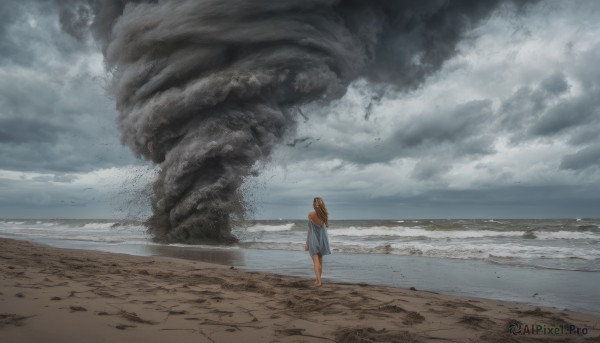 1girl, solo, long hair, brown hair, dress, standing, outdoors, sky, barefoot, cloud, from behind, white dress, ocean, beach, cloudy sky, scenery, smoke, sand, horizon, waves