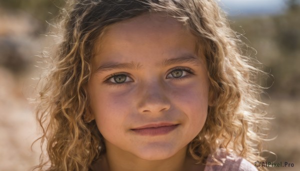 1girl,solo,long hair,looking at viewer,smile,blonde hair,brown hair,brown eyes,closed mouth,green eyes,outdoors,day,blurry,lips,depth of field,blurry background,wavy hair,messy hair,portrait,close-up,curly hair,realistic,nose,eyelashes,sunlight,freckles