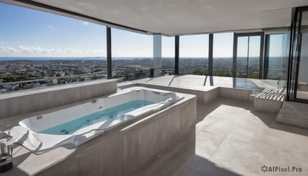 outdoors,sky,day,cloud,indoors,water,blue sky,no humans,window,shadow,table,plant,building,scenery,city,cityscape,skyscraper,skyline,ocean,watercraft