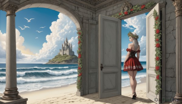 1girl,solo,long hair,breasts,looking at viewer,skirt,hair ornament,dress,bare shoulders,standing,full body,flower,short sleeves,grey hair,outdoors,detached sleeves,sky,day,puffy sleeves,looking back,cloud,hair flower,water,from behind,black footwear,high heels,blue sky,puffy short sleeves,bare legs,strapless,shadow,red skirt,rose,bird,ocean,back,beach,short dress,red dress,cloudy sky,plant,red flower,building,scenery,strapless dress,corset,walking,red rose,sand,door,horizon,head wreath,vines,wide shot,pillar,castle,tower,open door,shore,arch,gate,column,white hair,shoes,waves,seagull,wreath,lighthouse