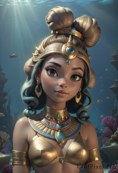 1girl,solo,long hair,breasts,looking at viewer,blush,smile,brown hair,black hair,hair ornament,bare shoulders,brown eyes,jewelry,medium breasts,closed mouth,green eyes,swimsuit,upper body,bikini,multicolored hair,earrings,small breasts,artist name,dark skin,water,necklace,hair bun,armor,two-tone hair,dark-skinned female,lips,eyelashes,makeup,watermark,sunlight,single hair bun,thick eyebrows,gem,web address,armlet,freckles,fish,bubble,curly hair,light rays,hoop earrings,underwater,nose,air bubble,sunbeam,bikini armor,neck ring,gold,gorget,coral,gold bikini,outdoors,day,backlighting,headpiece,gold armor