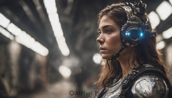 1girl,solo,long hair,blue eyes,brown hair,brown eyes,upper body,armor,blurry,from side,lips,profile,depth of field,blurry background,headgear,headphones,headset,science fiction,realistic,nose,cyborg,sunlight,portrait,light