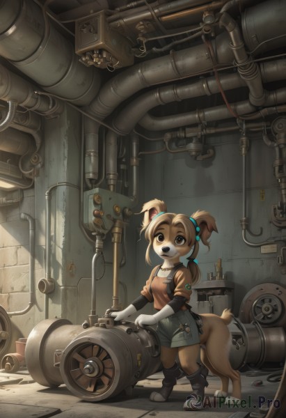 1girl,solo,smile,open mouth,brown hair,shirt,hair ornament,gloves,animal ears,twintails,brown eyes,standing,tail,full body,short sleeves,:d,boots,shorts,teeth,artist name,indoors,signature,black footwear,robot,hair bobbles,child,dog ears,furry,pocket,dog tail,furry female,dog girl,female child,overalls,cable,animal nose,wrench,industrial pipe,tools,breasts,looking at viewer,short hair,collarbone,small breasts,white gloves,apron,watermark,short twintails,body fur,white fur,snout,brown fur