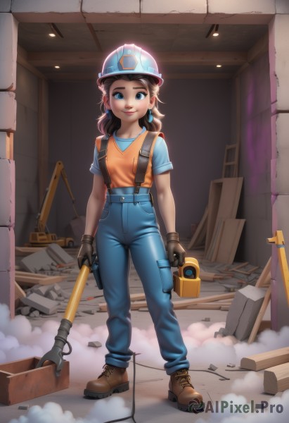 1girl,solo,long hair,breasts,looking at viewer,smile,blue eyes,brown hair,shirt,gloves,hat,holding,jewelry,closed mouth,standing,full body,short sleeves,earrings,boots,black gloves,pants,artist name,indoors,lips,watermark,brown footwear,suspenders,helmet,denim,overalls,hammer,wrench,industrial pipe,hardhat,short hair,medium hair,aged down,t-shirt,cross-laced footwear,nose,blue pants,orange shirt,blue overalls