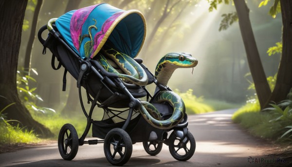 HQ,outdoors,day,tongue,tongue out,blurry,tree,no humans,shadow,animal,sunlight,grass,plant,nature,scenery,forest,light rays,snake,road,wheelchair,forked tongue,signature,ground vehicle,fantasy,animal focus