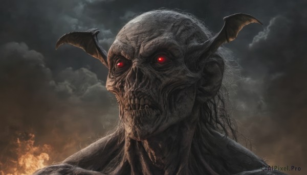 solo,red eyes,1boy,male focus,horns,sky,teeth,cloud,no humans,glowing,cloudy sky,fire,portrait,glowing eyes,1other,skull,monster,demon,head wings,realistic,dark,skeleton,extra eyes,horror (theme)