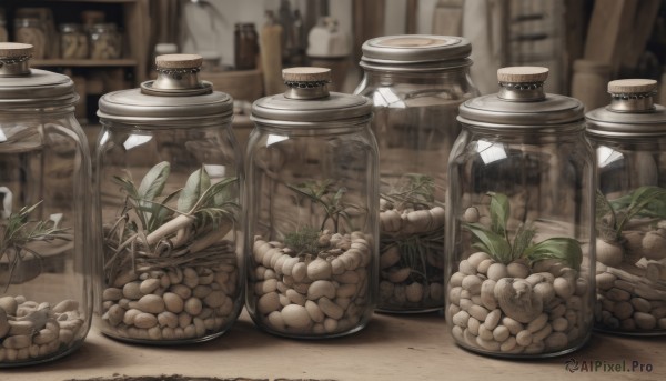 food,indoors,blurry,no humans,depth of field,blurry background,bottle,plant,scenery,jar,still life,fruit,leaf,realistic,basket,food focus