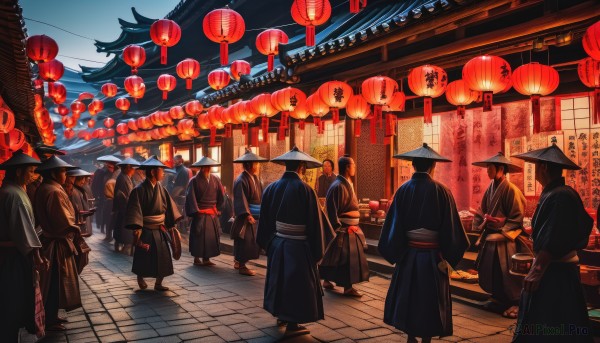 hat,standing,outdoors,japanese clothes,multiple boys,sky,kimono,from behind,sash,night,hakama,scenery,walking,6+boys,lantern,architecture,east asian architecture,paper lantern,crowd,festival,people,pavement,male focus,day,building,faceless,straw hat,road