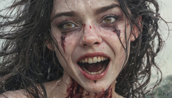 1girl,solo,long hair,looking at viewer,open mouth,black hair,brown eyes,teeth,blurry,lips,wet,eyelashes,blood,portrait,close-up,blood on face,realistic,nose,bangs,yellow eyes,tongue,floating hair,messy hair,veins,horror (theme)